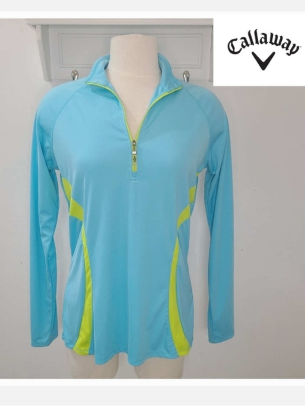 CALLAWAY Women’s Long Sleeve ¼ Zip Sport Pullover in Aqua Blue & Yellow Sz M